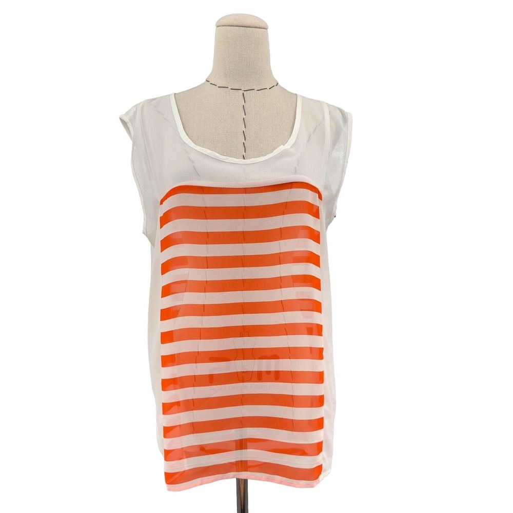 FATE Orange‎ White Stripe Sheer Cap Sleeve Scoop Neck Top Womens Size L